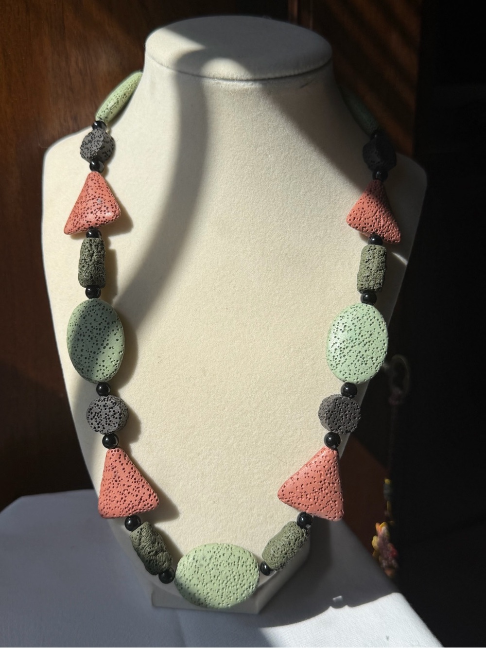 Geometric Lava Stone Statement Necklace Green Terracotta